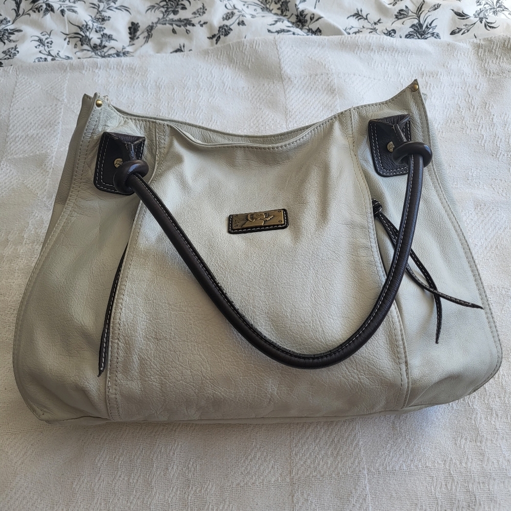 Avorio Large Leather Tote Bag - Cream with Dark Brown Trim
